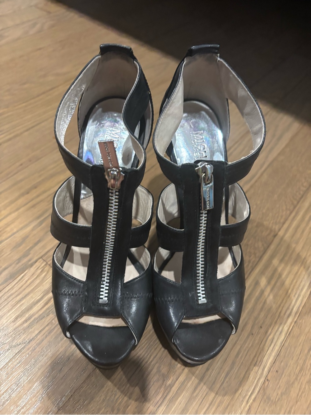 Michael Kors Black Leather Peep-Toe Zip Strappy Heels